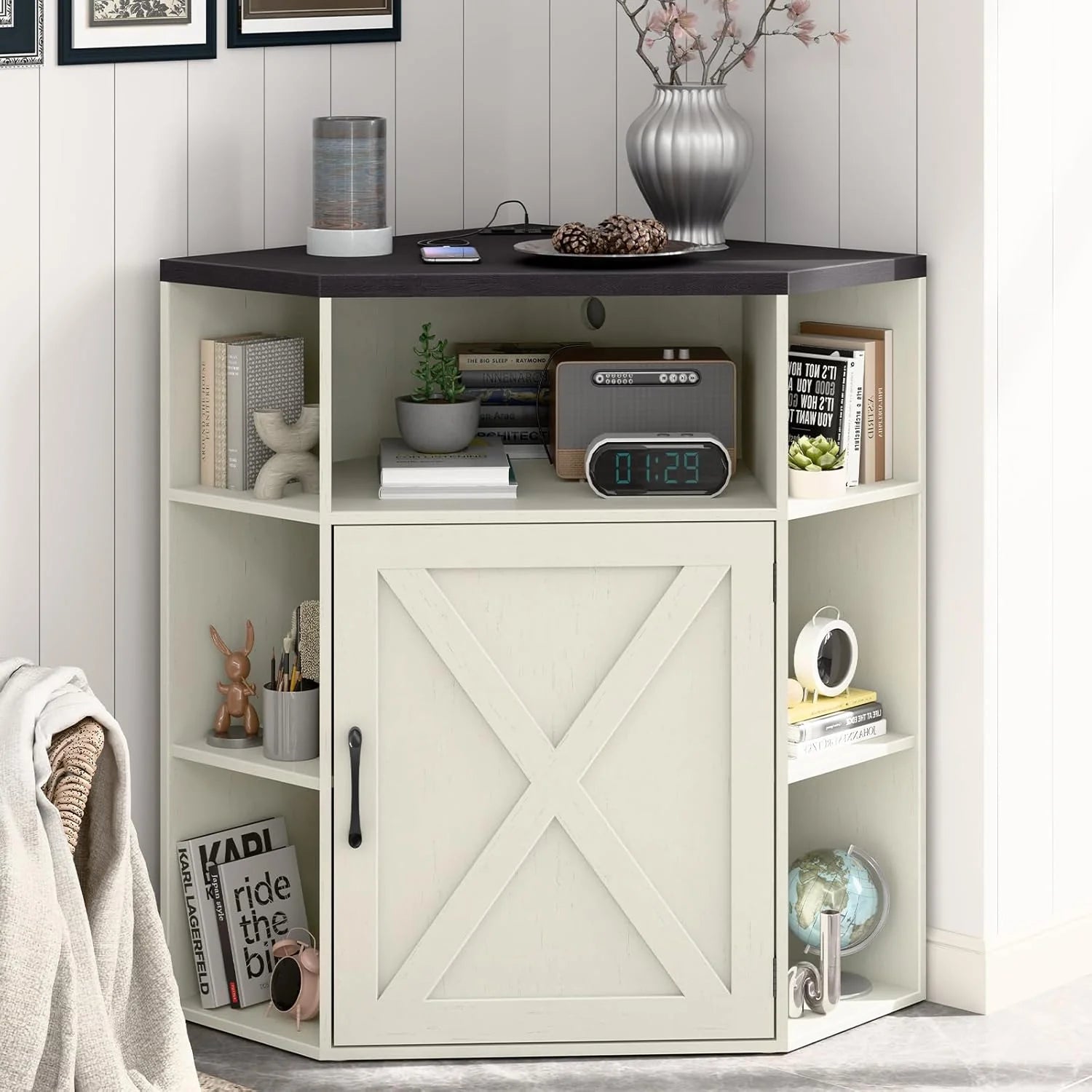 Vabches Corner Cabinet, Corner Storage Shelf with USB Ports and Outlets Industrial Organizer