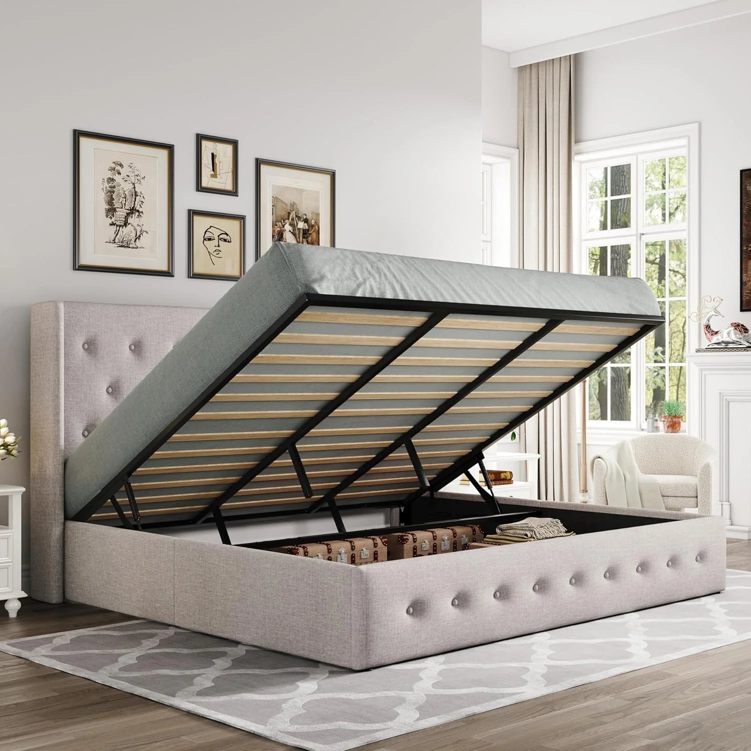 Allewie Queen Size Lift Up Storage Bed Modern Wingback Headboard Hydraulic Support