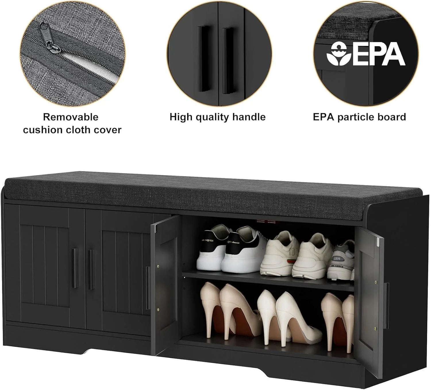2-Tier Storage Bench, Shoe Bench with Thickened Padded Seat Cushion, Entryway Bench with 4 Doors, Adjustable Shelf, 13.8 D x 45.3 W x 18.5 H, for Entryway, Living Room, Bedroom, White