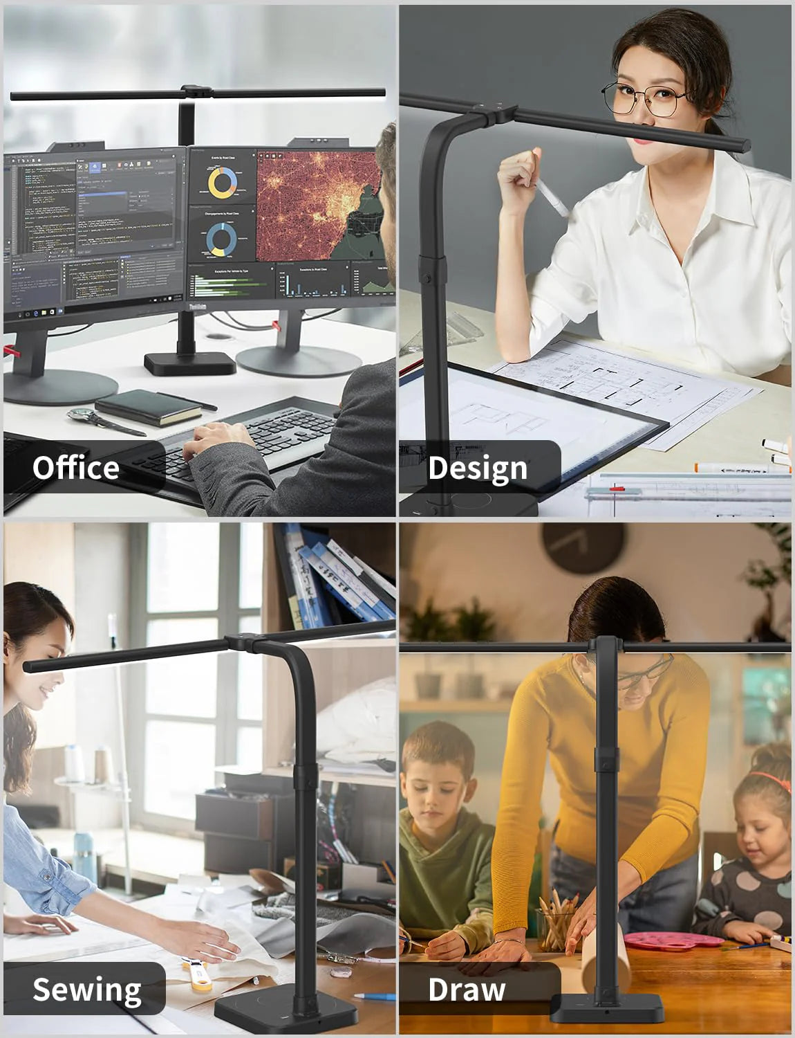LED Desk Lamp for Home Office Double Head 24W Architect Light with 5 Brightness Levels Flexible Gooseneck