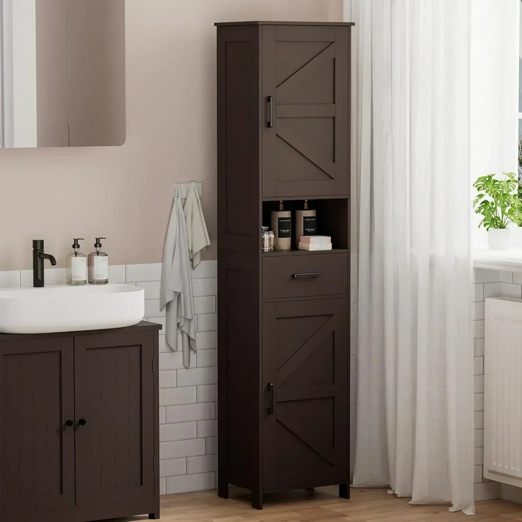 Homhedy 67 H Tall Bathroom Storage Cabinet with 2 Barn Doors and 1 Drawer Narrow Storage Unit