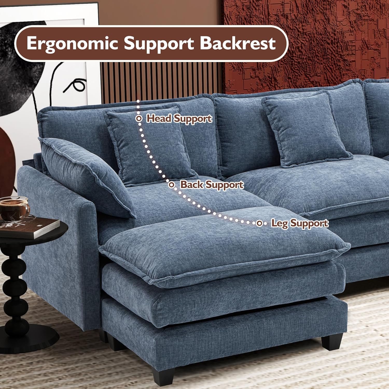 111.4 Inch L Shaped Modern Sofa Modular Cloud Sofa with Ottoman 4 Seater Chenille Deep Seat Sofa