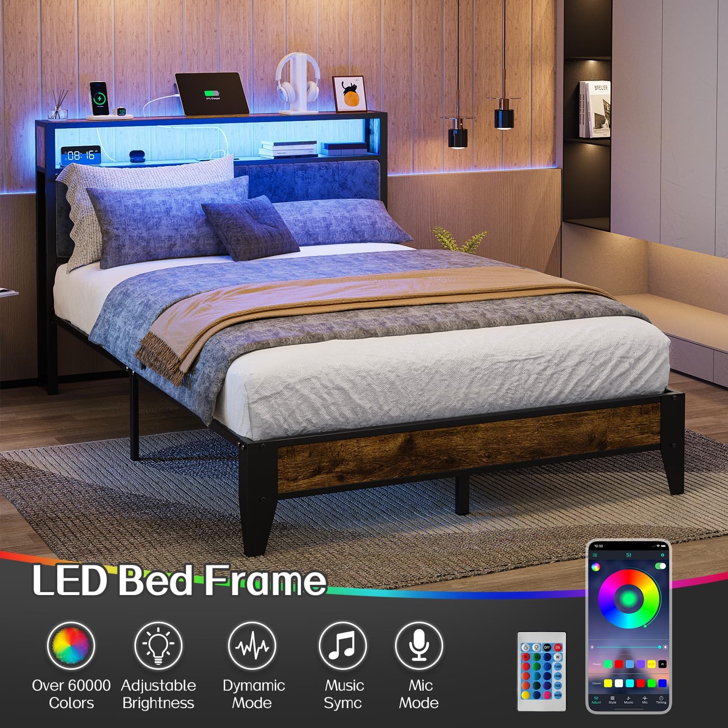 OLEVS Single Bed Frame LED Light Storage Headboard Charging Station Metal Platform Bed