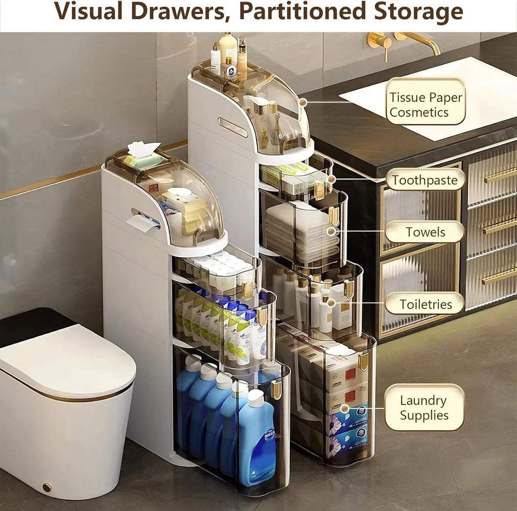 4-Tiers Narrow Bathroom Storage Cabinet 7.1 Slim Bathroom Floor Organizer with Drawers and Tissue Box Plastic Waterproof Mobile Locker