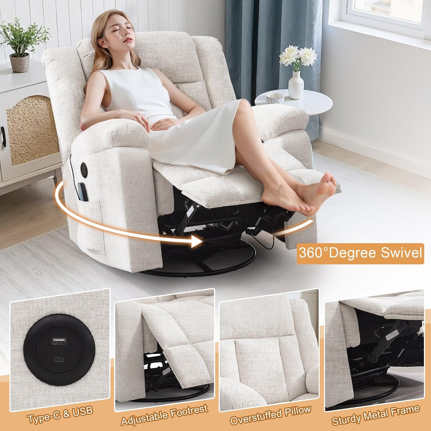 Rocker Recliner, Glider Recliner Chairs for Adults, 360�� Swivel Rocking Chair with Massage and Heating, Nursery Chair