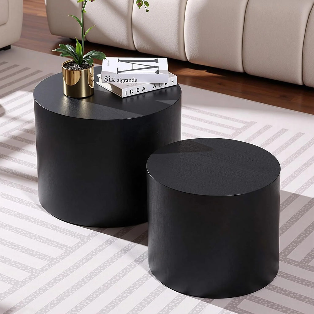 Nesting Coffee Table Set of 2, Modern Round Coffee Table with Non-Slip Feet, Walnut Wooden Circle Accent Tables for Small Spaces Living Room Bedroom Balcony Office Drum Side Table (Walnut)