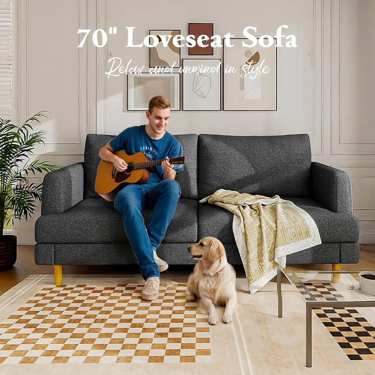 Loveseat Sofa Couch for Living Room USB Type C Ports Dark Gray Upholstered Small Couches