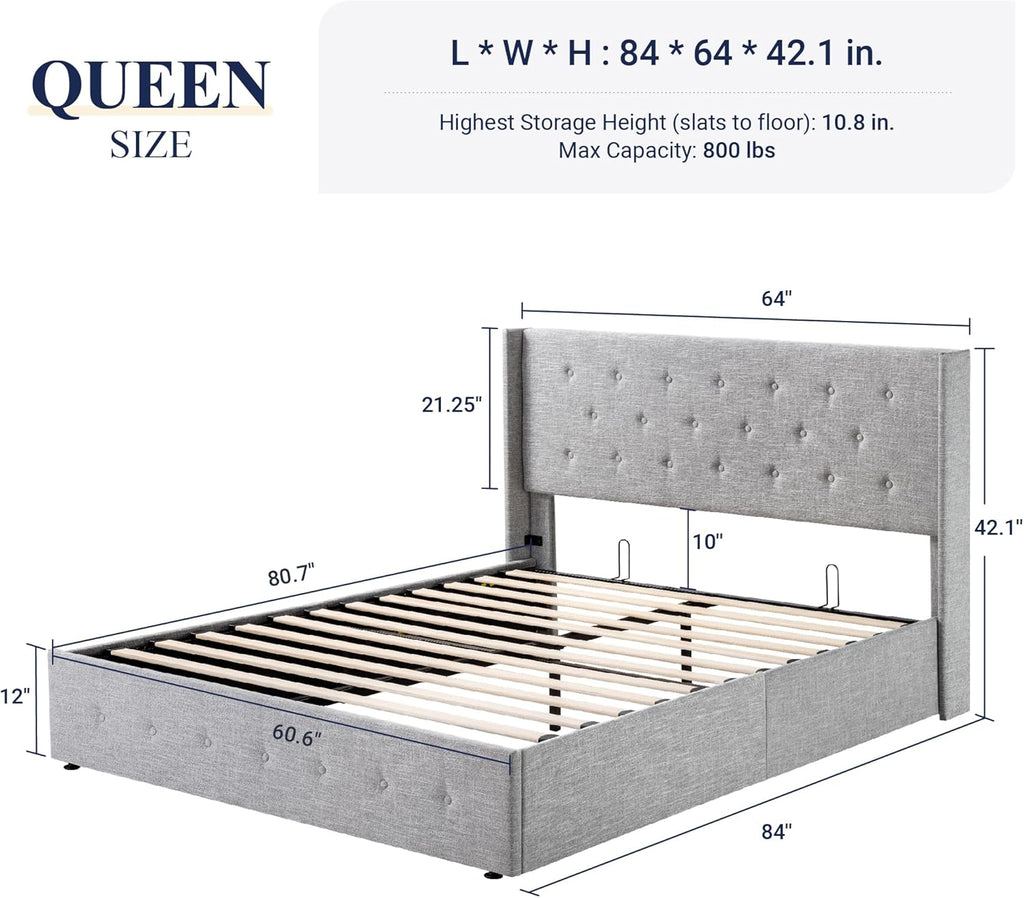 Allewie Queen Size Lift Up Storage Bed Modern Wingback Headboard Hydraulic Support
