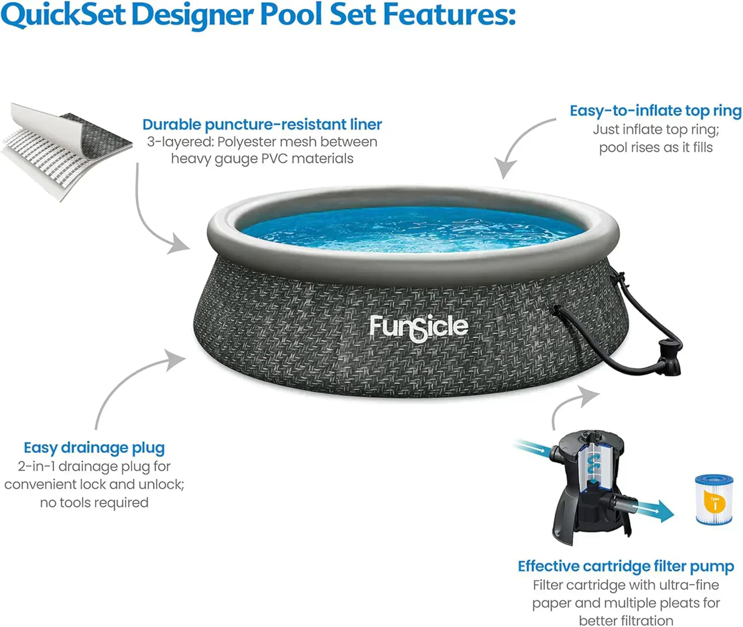 Funsicle 12 Foot by 36 Inch Quickset Round Inflatable Ring Top Outdoor Swimming Pool Set