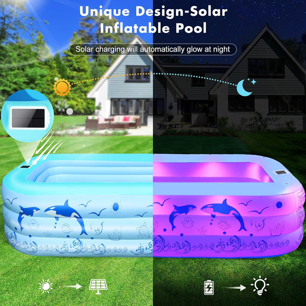 2026 Upgrade Inflatable Pools with Lights, Inflatable Swimming Pools for Adults, Blow Up Pool Solar, Large Pool, Durable Thickened Inflatable Pool for Backyard- Light Blue