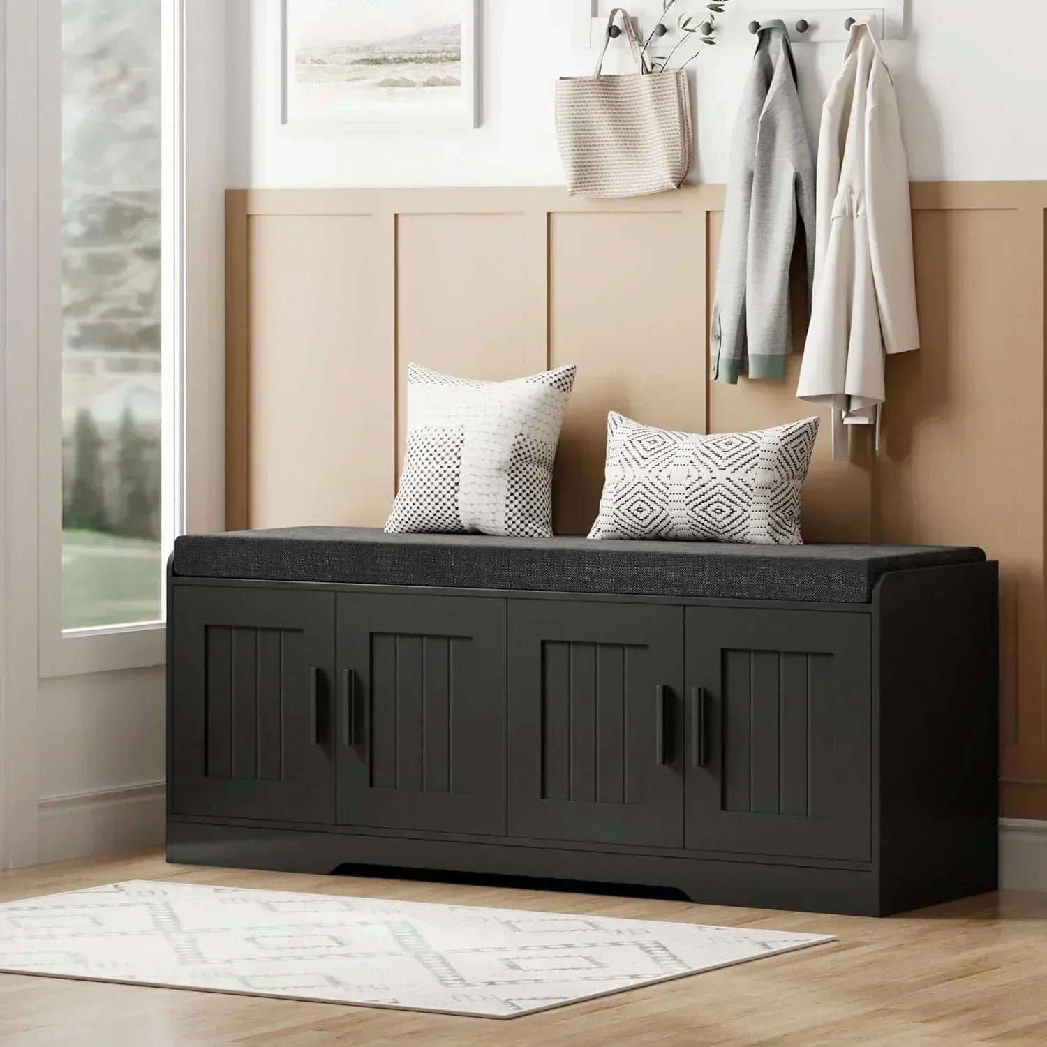 2-Tier Storage Bench Shoe Bench with Thickened Padded Seat Cushion Entryway Bench