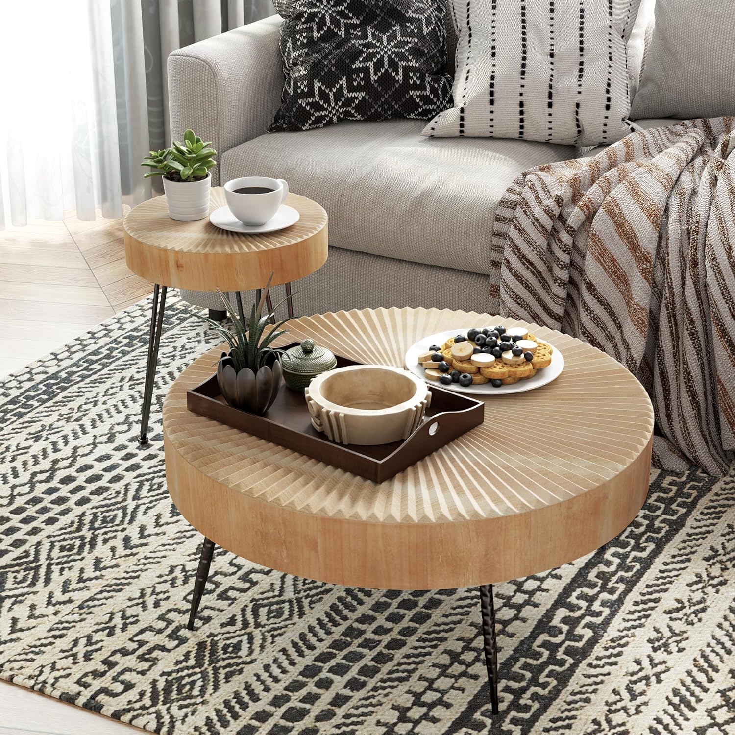 Two-Piece Modern Farmhouse Living Room Coffee Table Set Round Nesting Tables