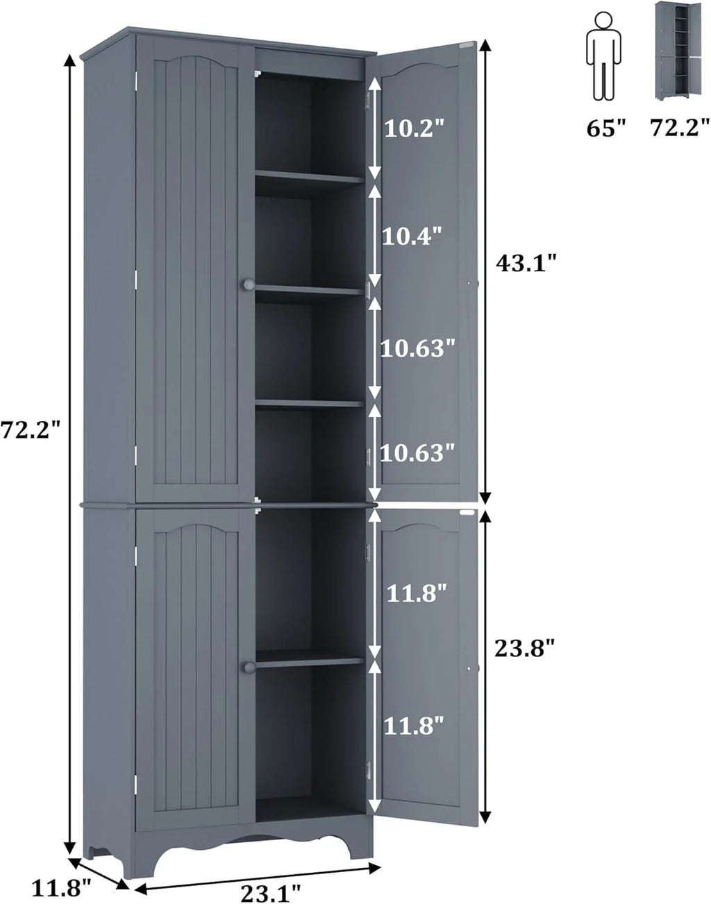 Tall Pantry Cabinet, Freestanding Storage Cabinet, Wooden Kitchen Pantry with 4 Doors and 5 Shelves, 72 Floor Cabinet Organizer
