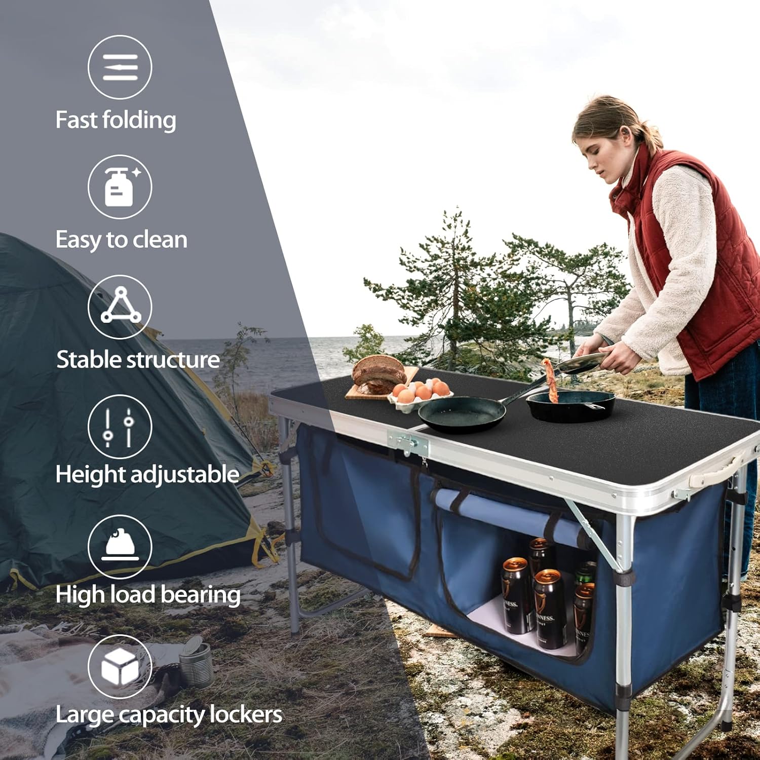 Outdoor Folding Table Aluminum Lightweight Height Adjustable with Storage Organizer
