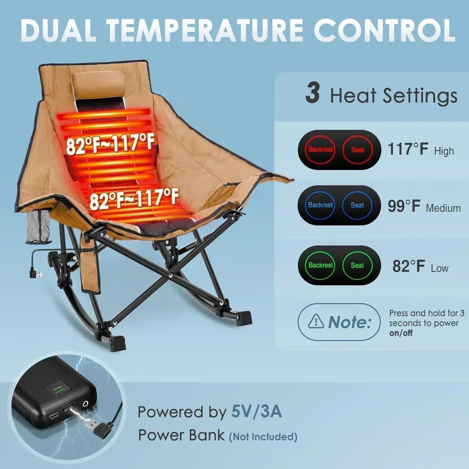 Heated Camping Chair Extra Large Heated Chair Outdoor Sports Chair with 3 Heat Levels on Back