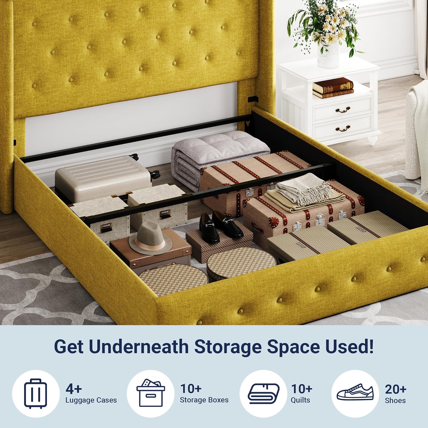 Allewie Queen Size Lift Up Storage Bed Modern Wingback Headboard Hydraulic Support