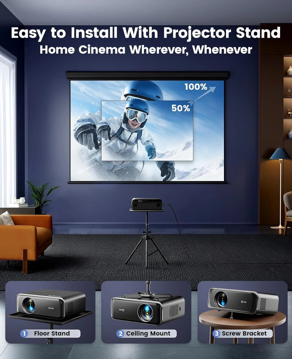 [Built-in Official Apps/4K Support] Smart Outdoor Projector with WiFi and Bluetooth