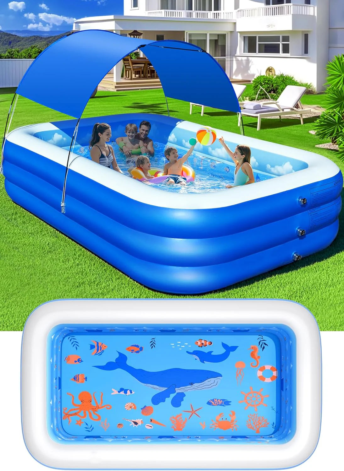 Inflatable Pool with Canopy,Upgraded Inflatable Swimming Pool for Kids,Adult,Large Inflatable Blow up Pools,Ocean Theme Oversized Thickened 105x75x25Inflatable Family Pools for Backyard-Blue