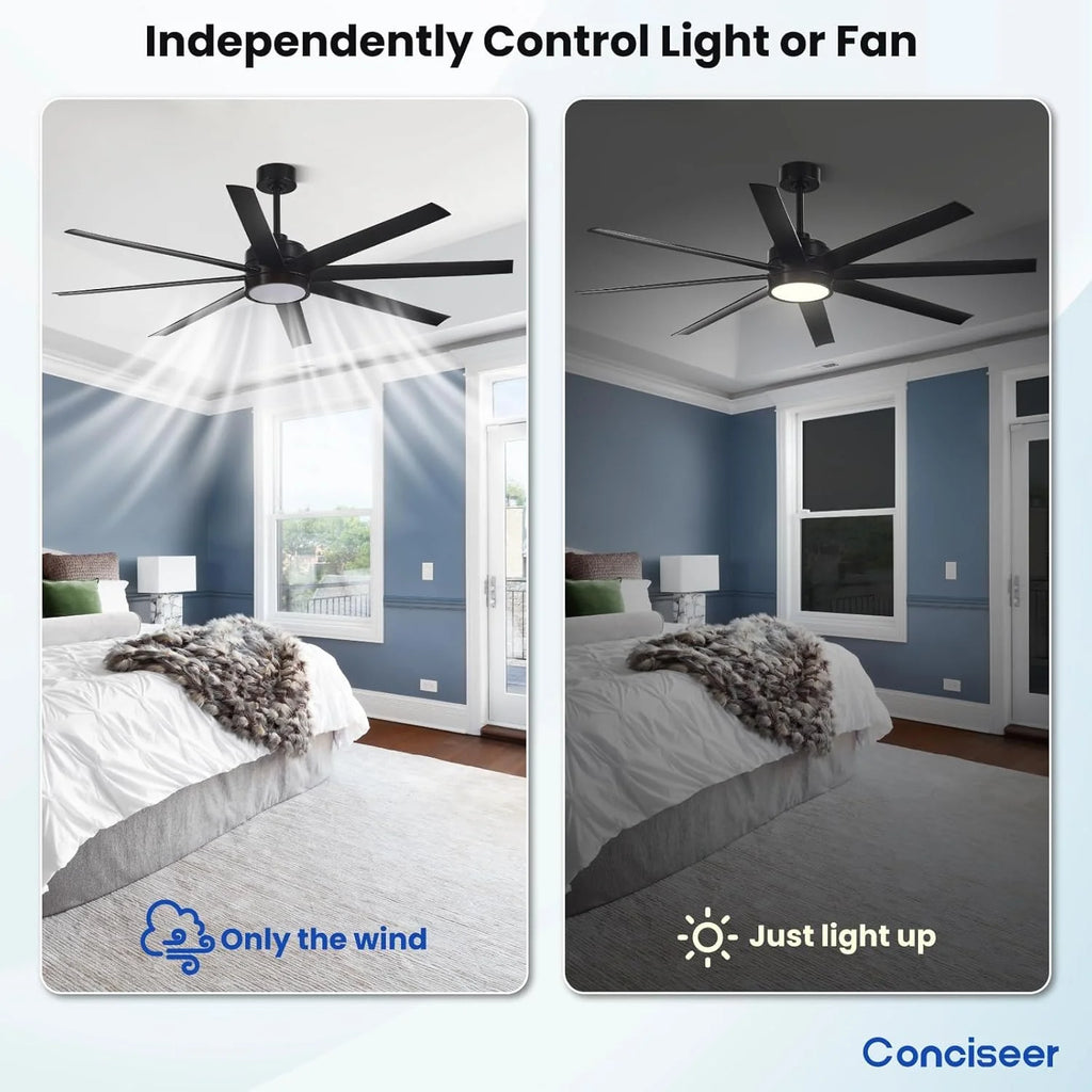 Modern Ceiling Fans with Lights, 72 Inch Ceiling Fan with Light and Remote, Bedroom Living Room Library Cafe Outdoor/Industrial,24W 3CCT Dimmable, 8 Blades 6 Speed Reversible Quiet DC Motor, Black