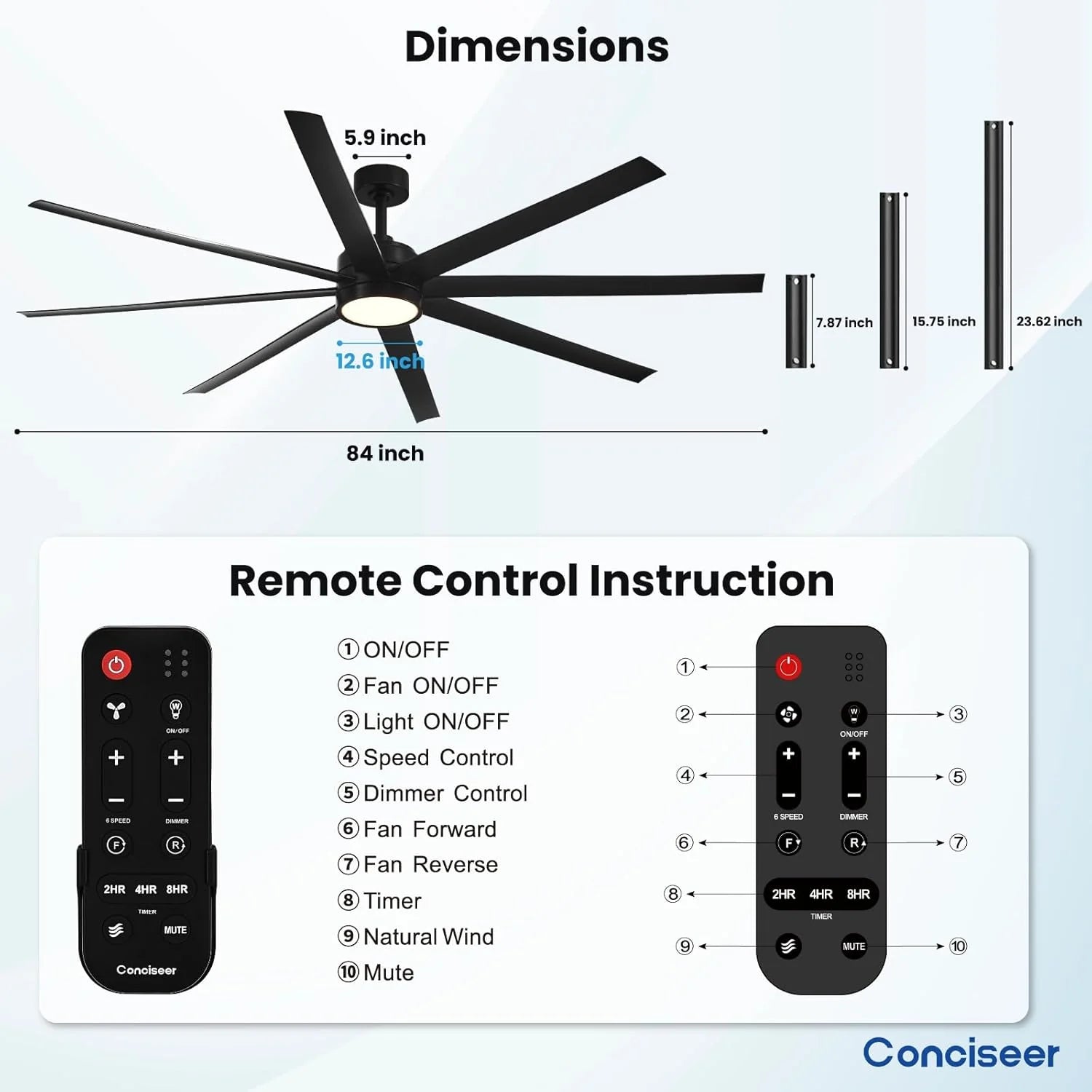 Modern Ceiling Fans with Lights, 72 Inch Ceiling Fan with Light and Remote, Bedroom Living Room Library Cafe Outdoor/Industrial,24W 3CCT Dimmable, 8 Blades 6 Speed Reversible Quiet DC Motor, Black