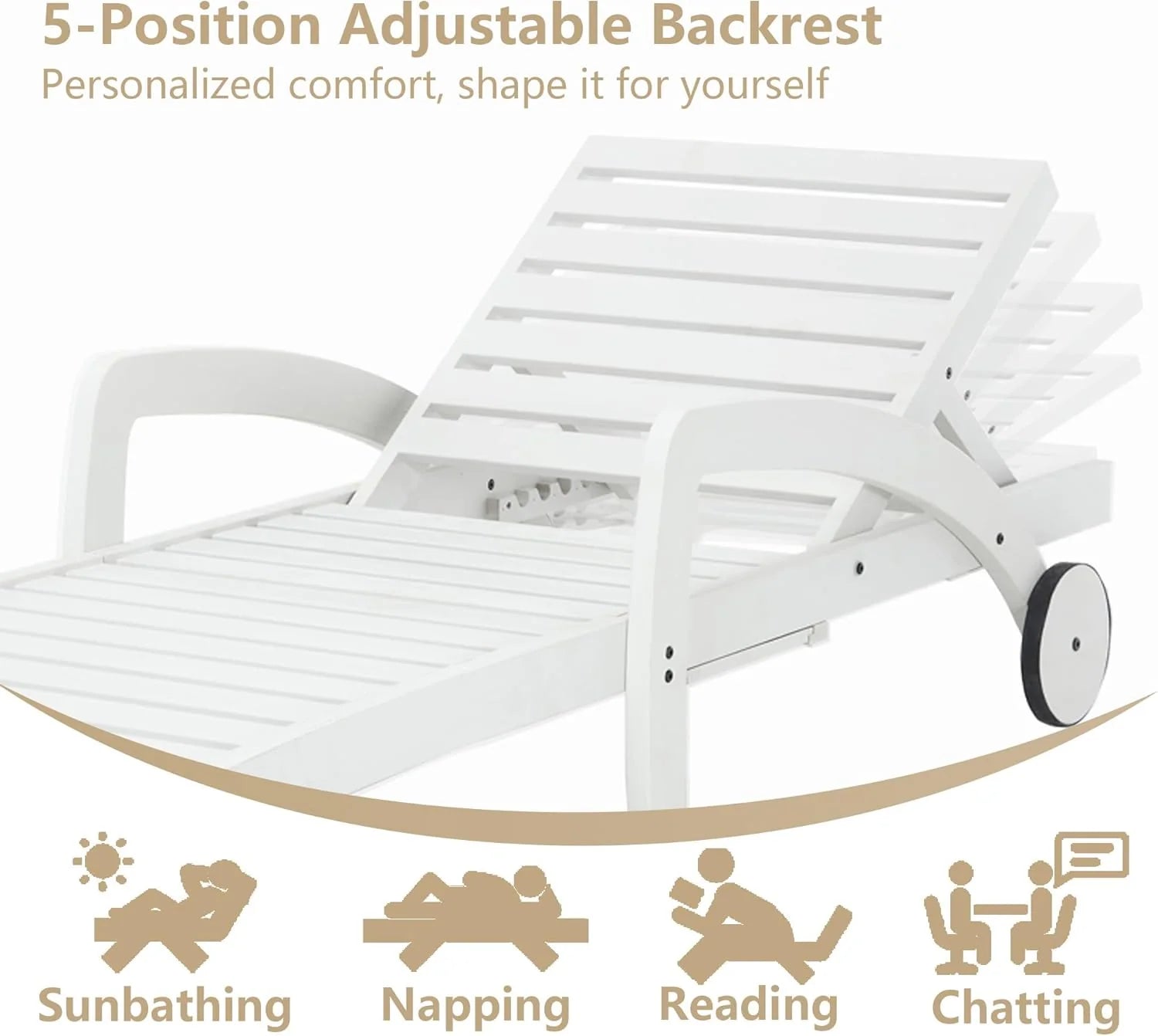 Pool Chaise Lounge Chairs Set of 4 5-Position Adjustable Outdoor Patio Lounge Chairs Wood Reclining Chaise Lounger Chair with Pullout Side Table
