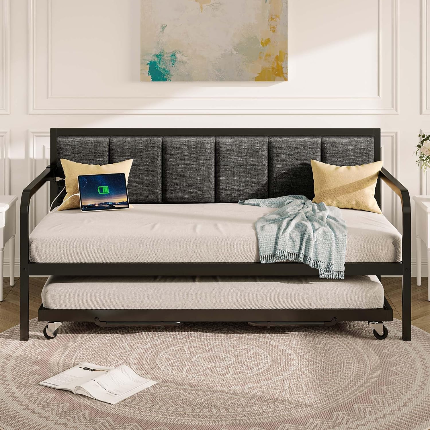 Rolanstar Daybed with Charging Station and LED Lights, Height Adjustable Twin Daybed with Trundle, Metal Sofa Bed Frame with Steel Slat Support