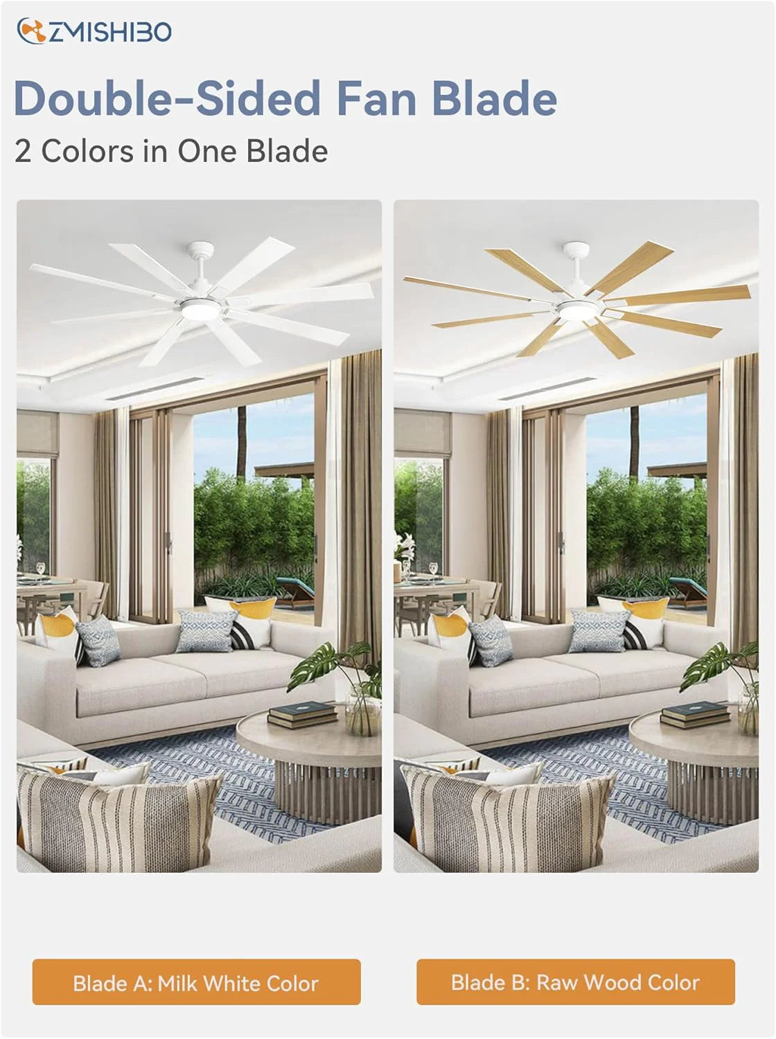 ZMISHIBO 72 inch Large Ceiling Fans with Lights and Remote, Indoor/Outdoor Black Modern Ceiling Fan for Kitchen Living Room Patio, 6 Speed Reversible Quiet DC Motor, 3 CCT, Dual Finish 8 Blades