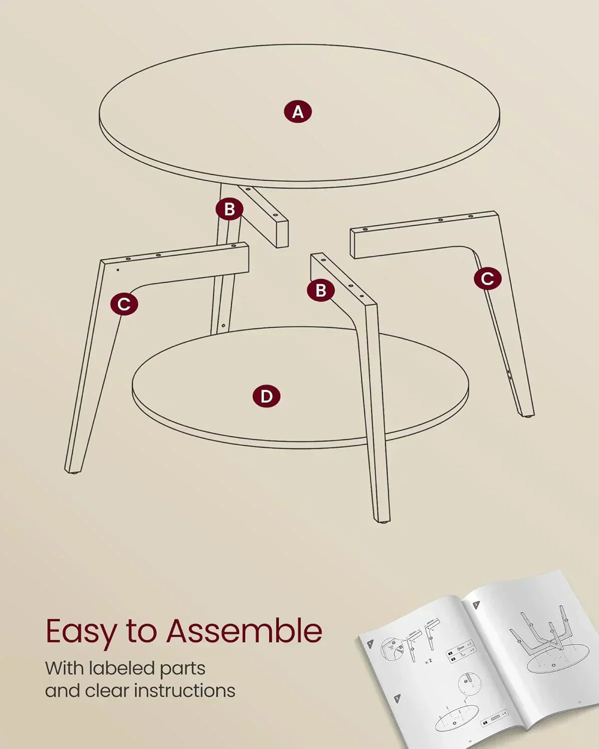 VASAGLE Round Coffee Table 2 Tier Coffee Table with Storage for Living Room 31.5 x 17.7 Inches
