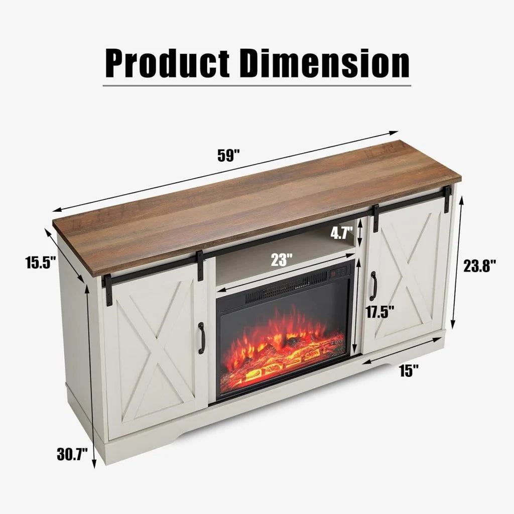 AMERLIFE Fireplace TV Stand with Sliding Barn Door for TVs up to 73, Farmhouse 63 Fireplace Entertainment Center with Storage Cabinets/Adjustable Shelves