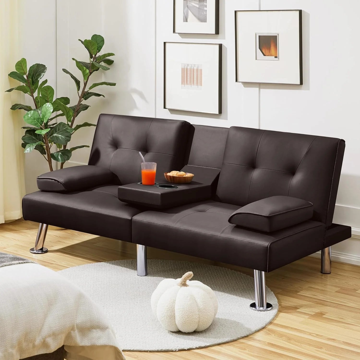 Yaheetech Convertible Sofa Bed Adjustable Couch Sleeper Modern Faux Leather Home Recliner Reversible Loveseat Folding Daybed Guest Bed, Removable Armrests, Cup Holders, 3 Angles, 772lb Capacity, Brown