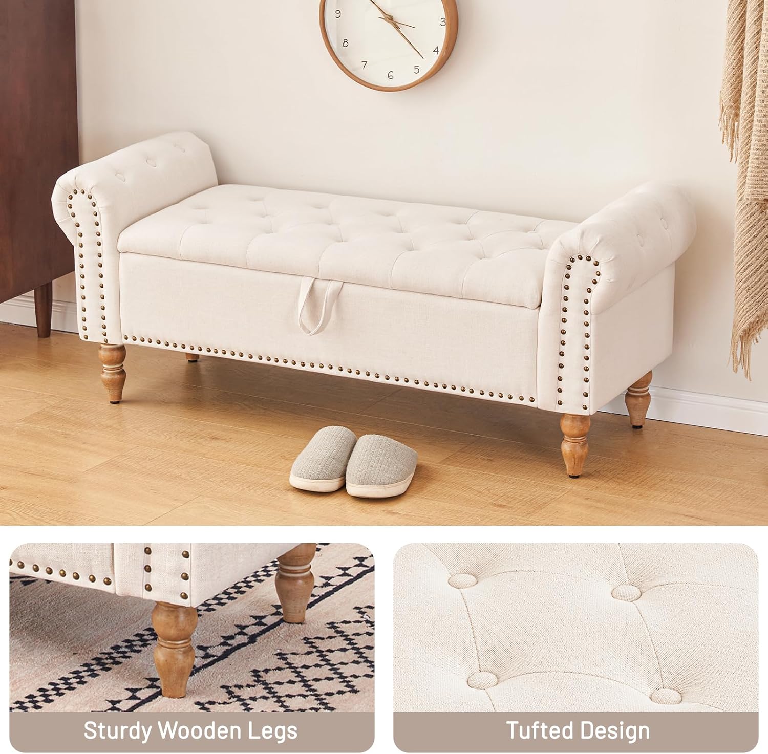 Furniliving Modern Storage Ottoman Bench, Sherpa Ottoman End of Bed Bench with Solid Wood Legs Upholstered Ottoman Benches with Storage Indoor Bench