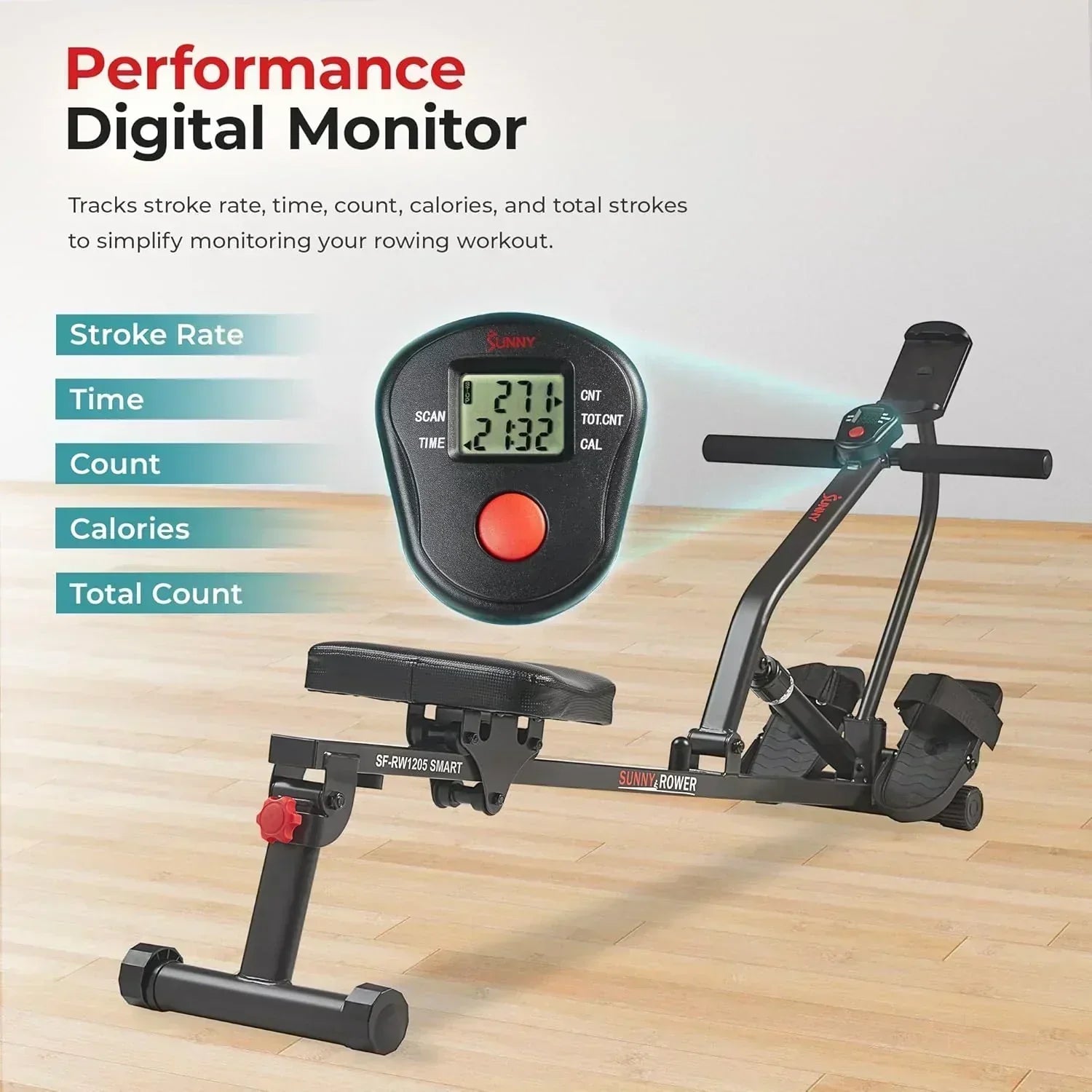 Sunny Health & Fitness Compact Adjustable Rowing Machine with 12 Levels of Resistance
