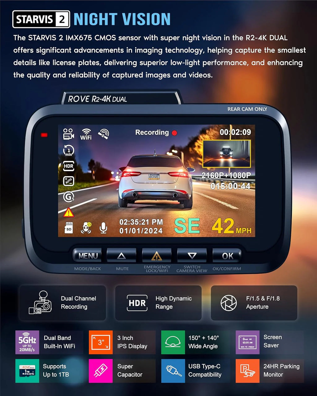 Driving recorder dual instrument cam front and rear, Starvis 2 sensor, free 128GB card, 5G WiFi - fastest download speed for up to 20mb/s App, 3-inch IPS, 24H parking mode