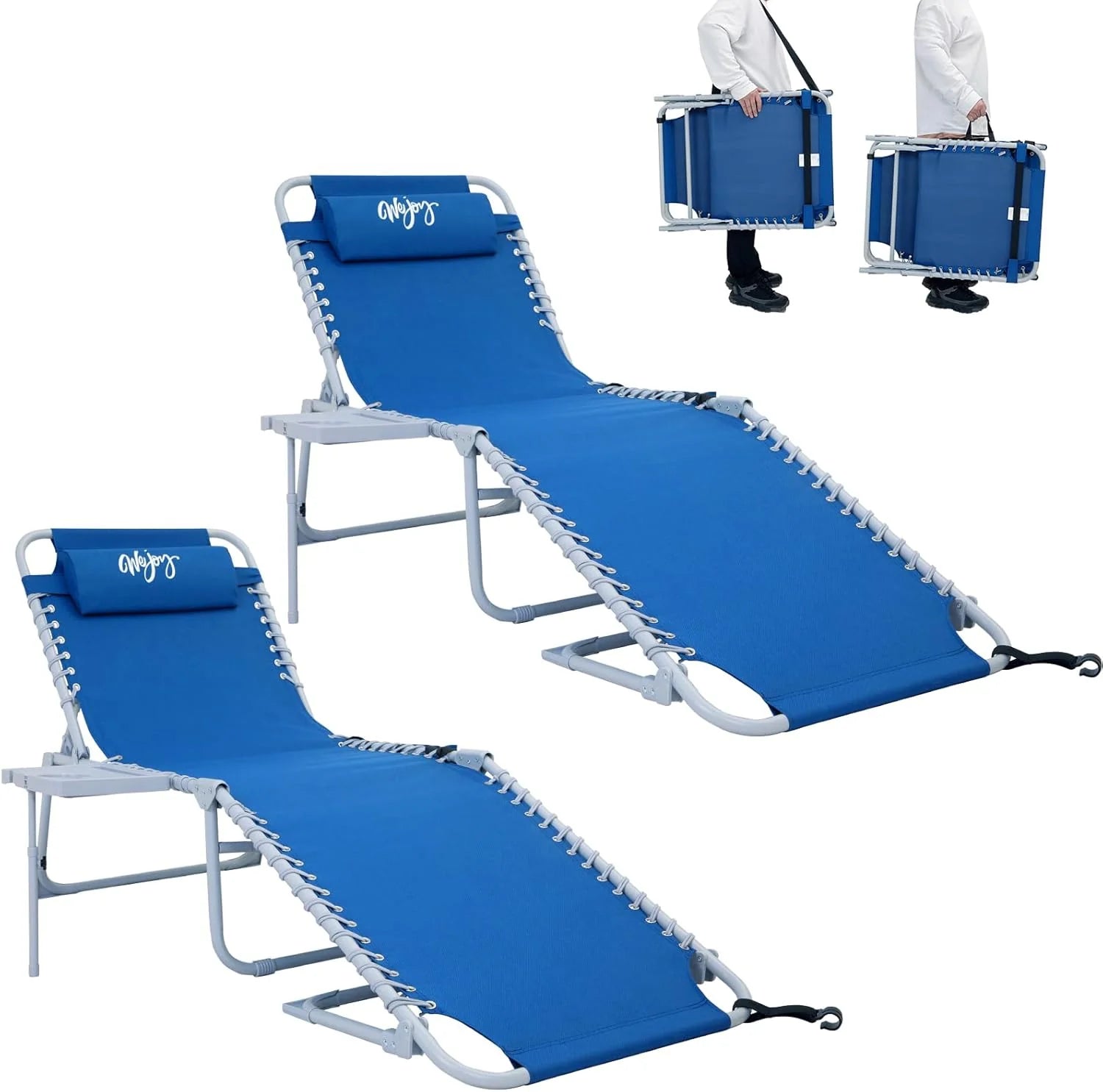 2 Pack Outdoor Chaise Lounge Chair - Portable Folding Patio Pool Lounge Chair, 5 Positions Adjustable Reclining Camping Chair with Side Table,Shoulder Strap, Pillow for Beach Sunbathing Lawn