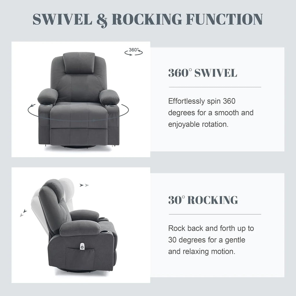 Large Swivel Rocking Recliner with Heating and Massage Function, 360 Degree Swivel Rocking Single Sofa