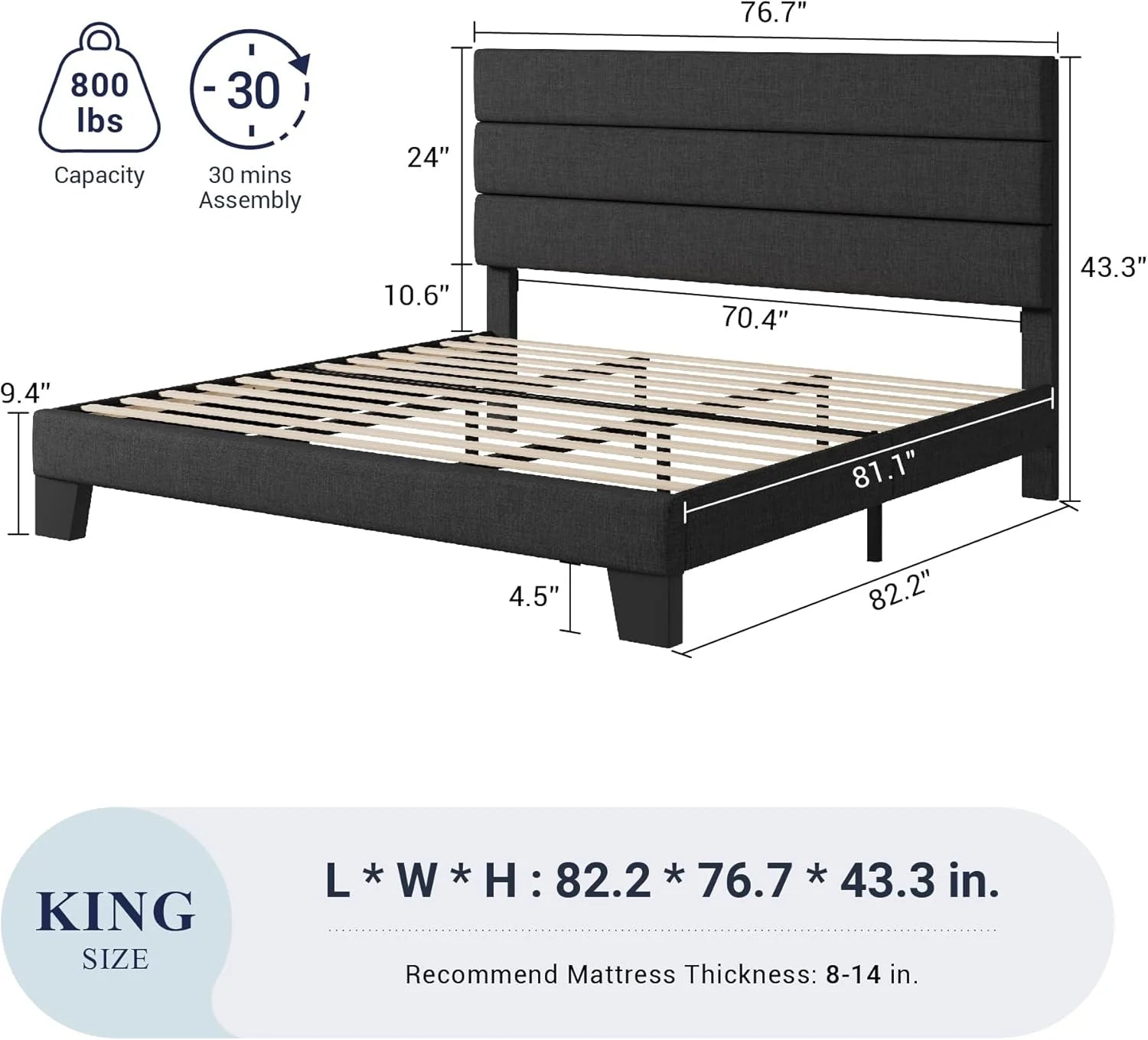 Allewie Queen Size Platform Bed Frame Fabric Upholstered Headboard Wooden Slats Support