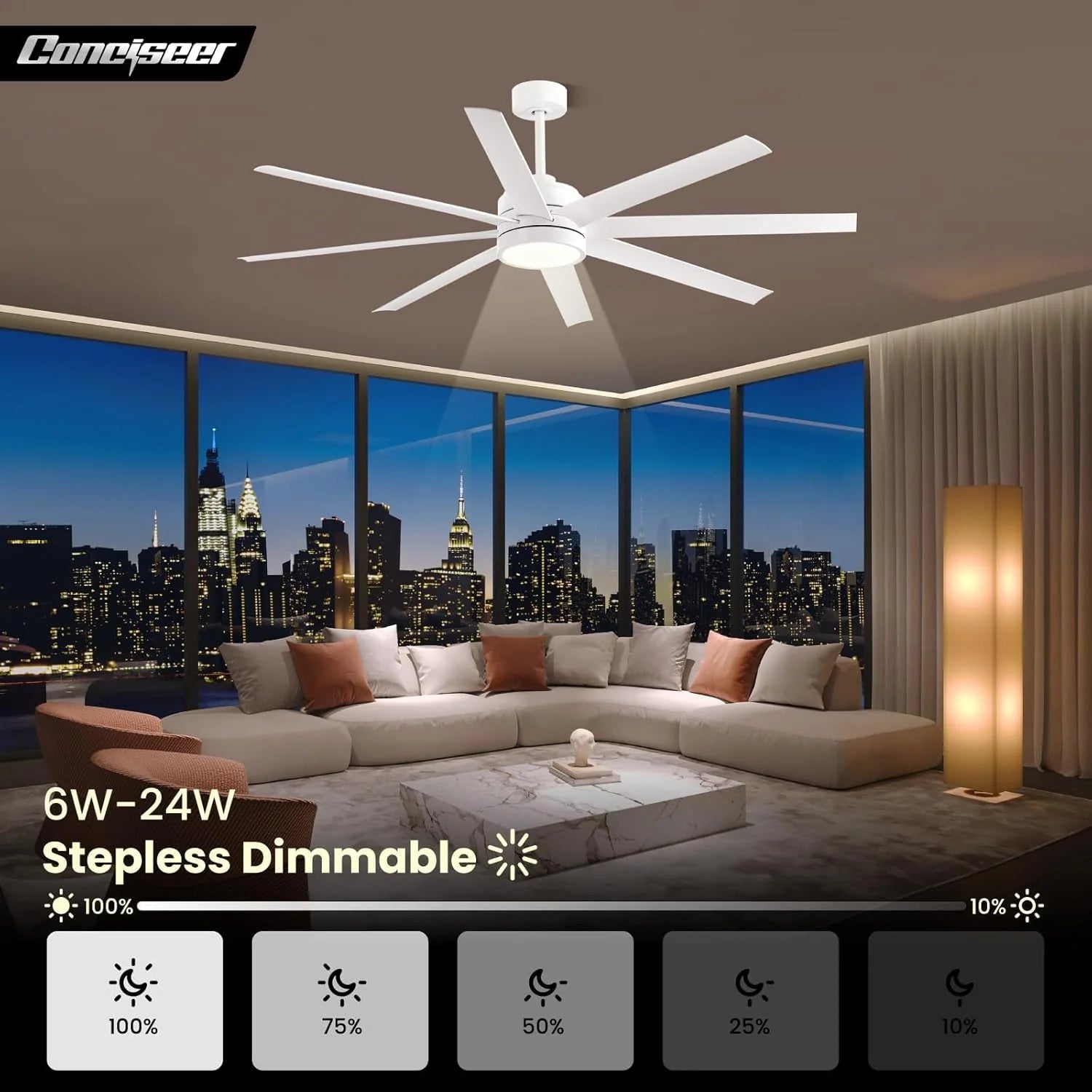 Modern Ceiling Fans with Lights, 72 Inch Ceiling Fan with Light and Remote, Bedroom Living Room Library Cafe Outdoor/Industrial,24W 3CCT Dimmable, 8 Blades 6 Speed Reversible Quiet DC Motor, Black