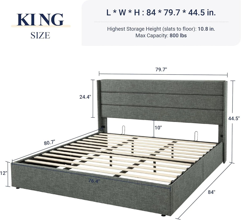 Allewie Queen Size Lift Up Storage Bed Modern Wingback Headboard Hydraulic Support