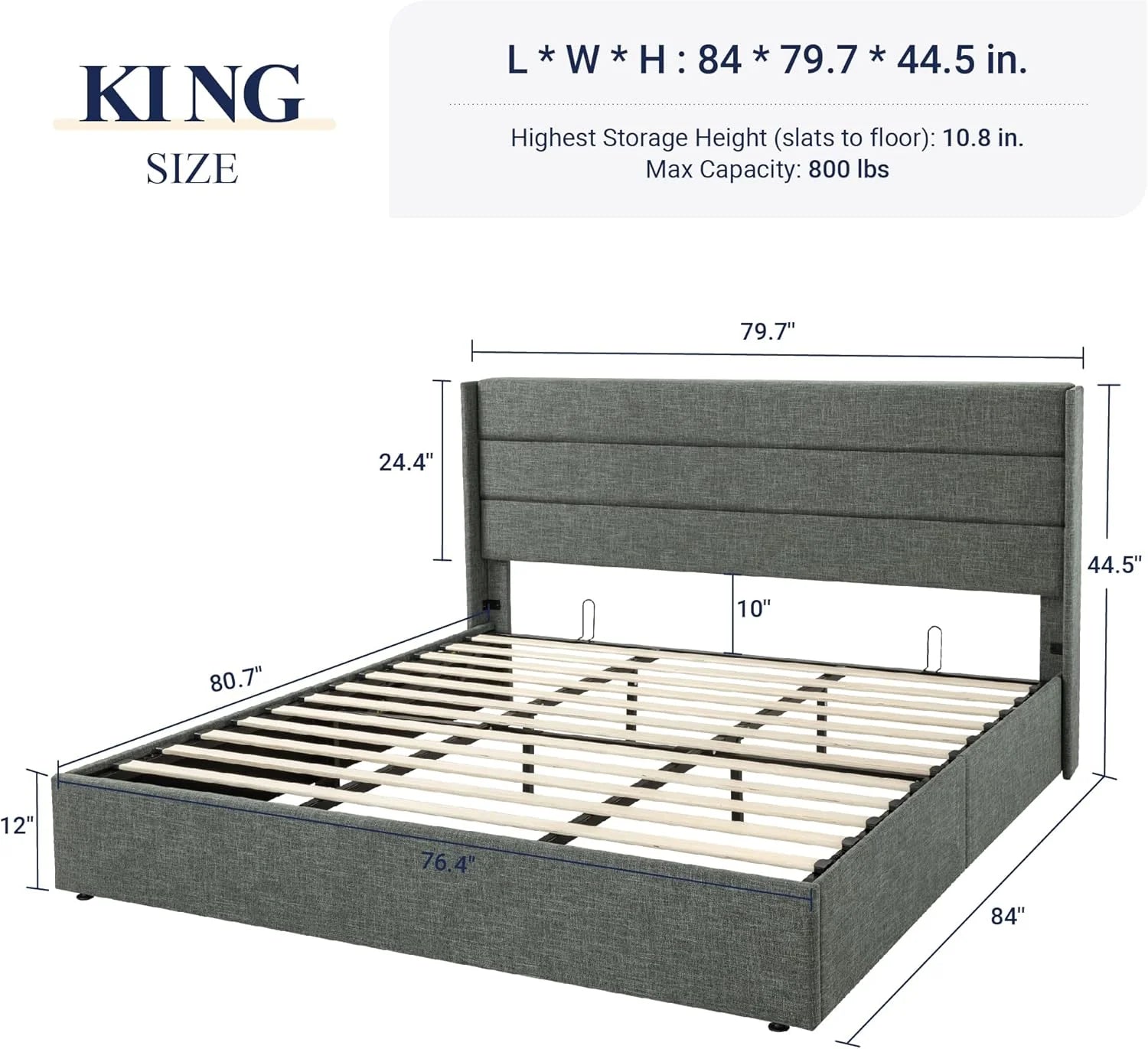 Allewie Queen Size Lift Up Storage Bed Modern Wingback Headboard Hydraulic Support