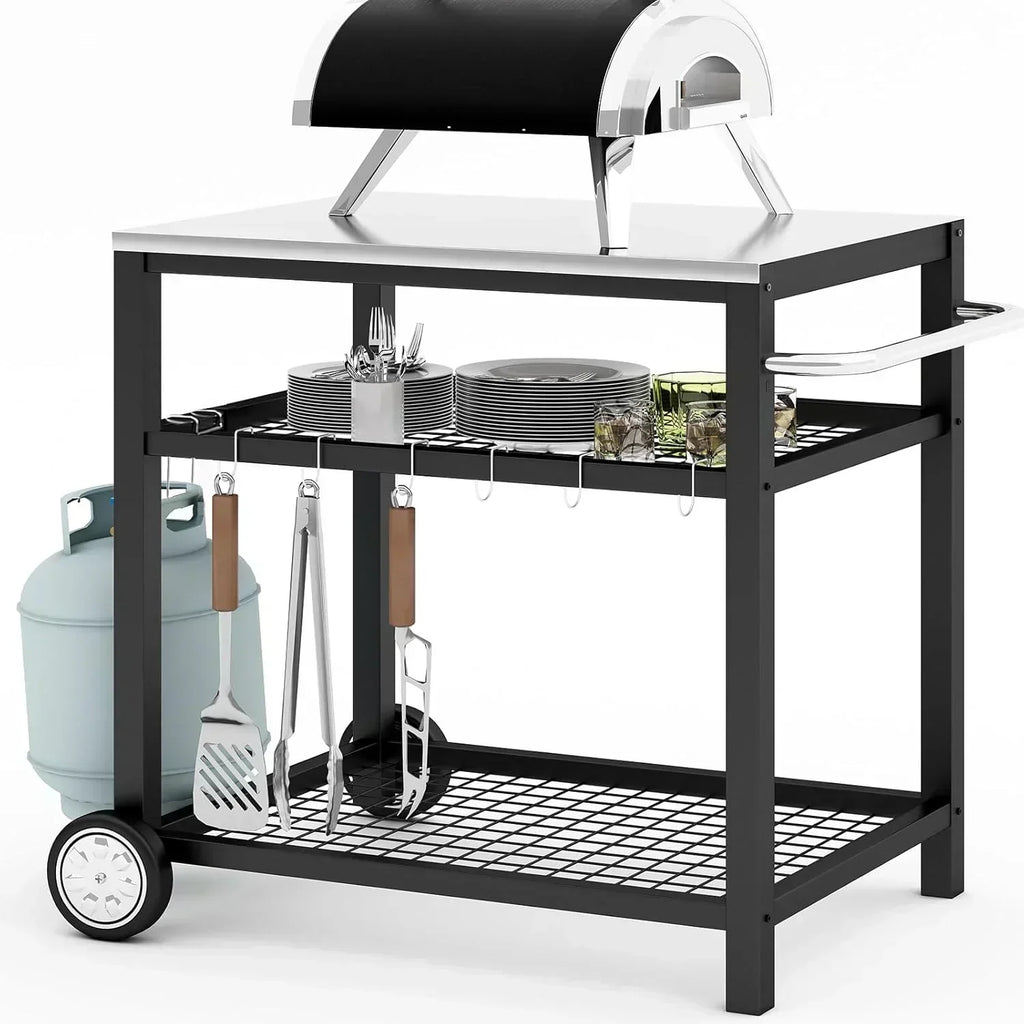 Stainless Steel Outdoor Grill Cart Pizza Oven Stand Trolley Table with Wheels Three-Shelf