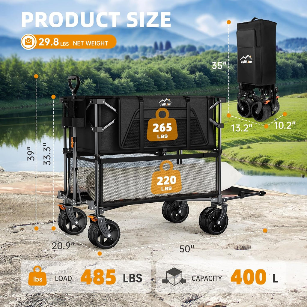 Foldable 50''L Extra Long Double Decker Wagon for Sport 400L Collapsible Heavy Duty Wagon Cart