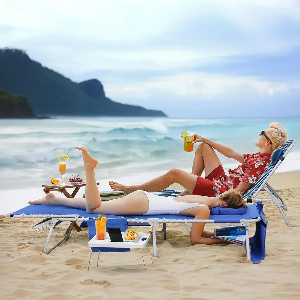 3-in-1 Beach Chair Face Holes Lounge Chair Outdoor with Folding Side Table 5-Position Recliner