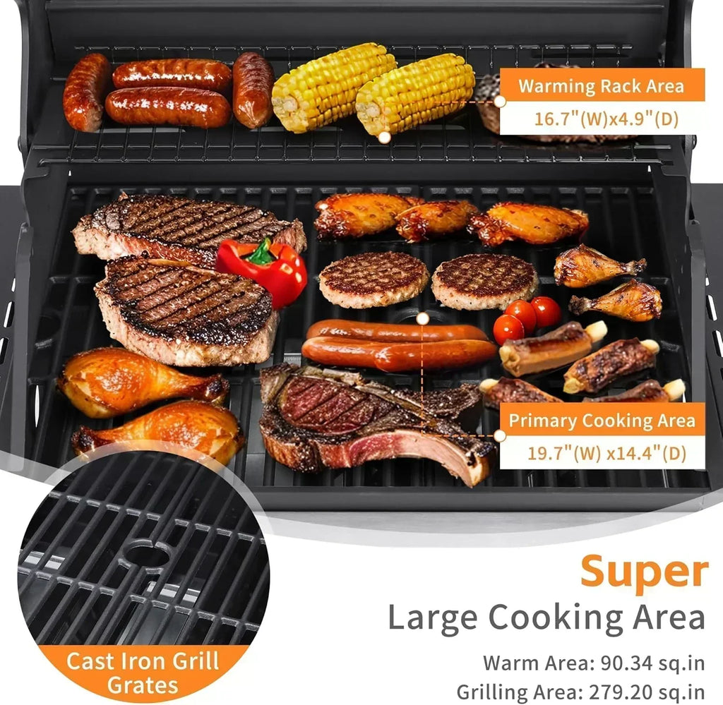 3-Burner Propane Gas Grill 30,000 BTU Output Double-layer Stainless Steel Grill Lid Cooking Grids