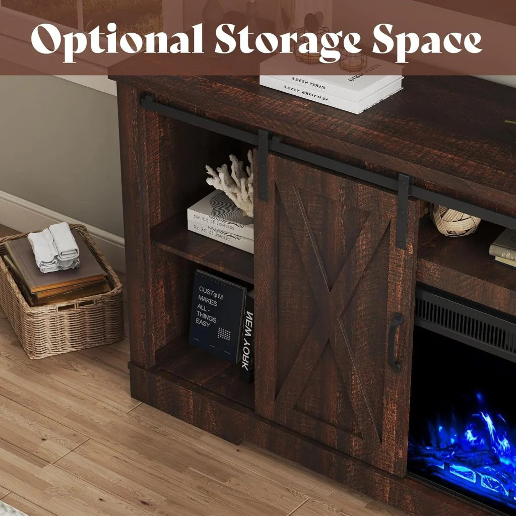 AMERLIFE Fireplace TV Stand with Sliding Barn Door for TVs up to 73, Farmhouse 63 Fireplace Entertainment Center with Storage Cabinets/Adjustable Shelves