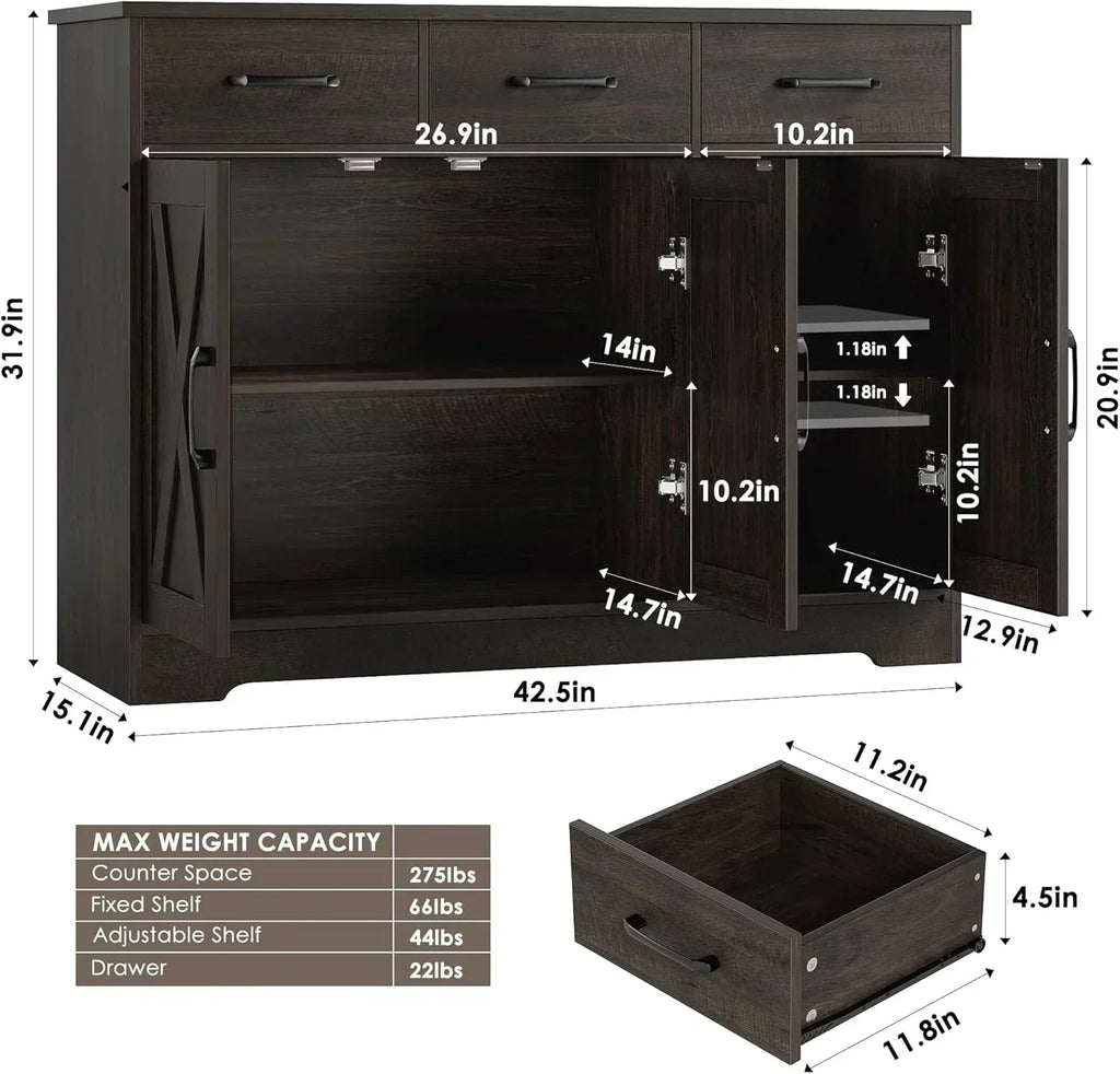 Modern farmhouse sideboard barn door buffet storage cabinet with drawers and shelves