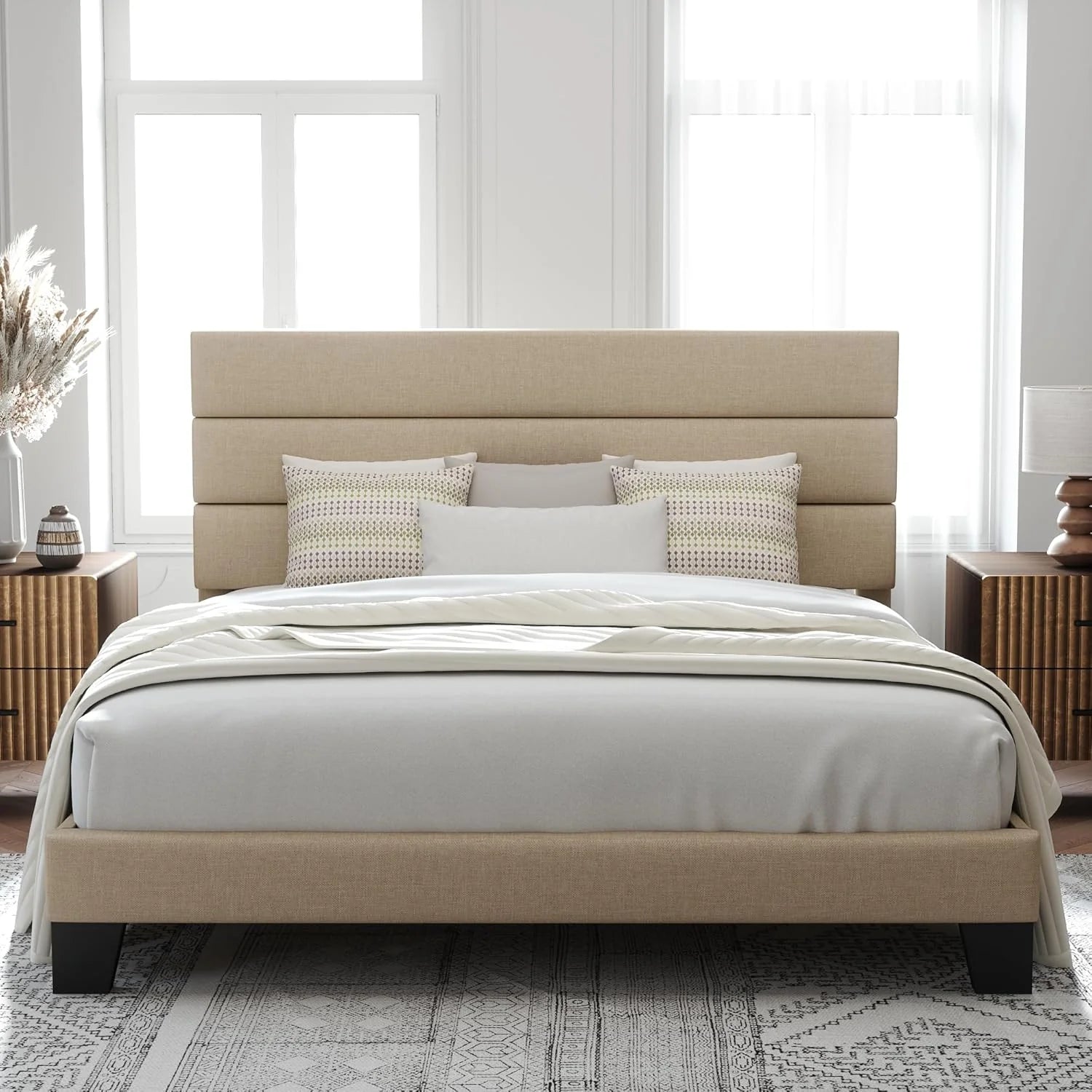 Allewie Queen Size Platform Bed Frame Fabric Upholstered Headboard Wooden Slats Support