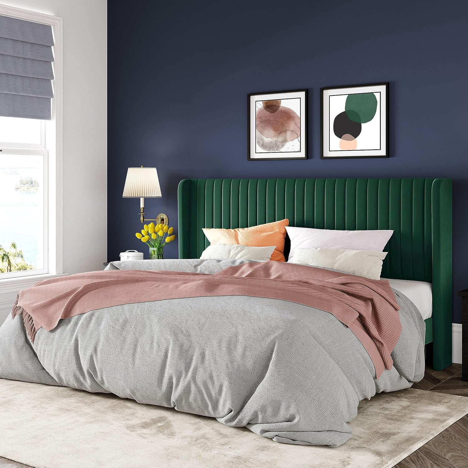 Allewie Full Size Velvet Bed Frame Vertical Channel Tufted Wingback Headboard Upholstered Bed