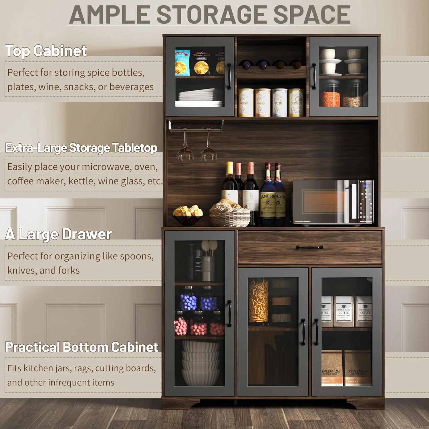 Kitchen Hutch Pantry Cabinet 71 Tall with Glass Doors