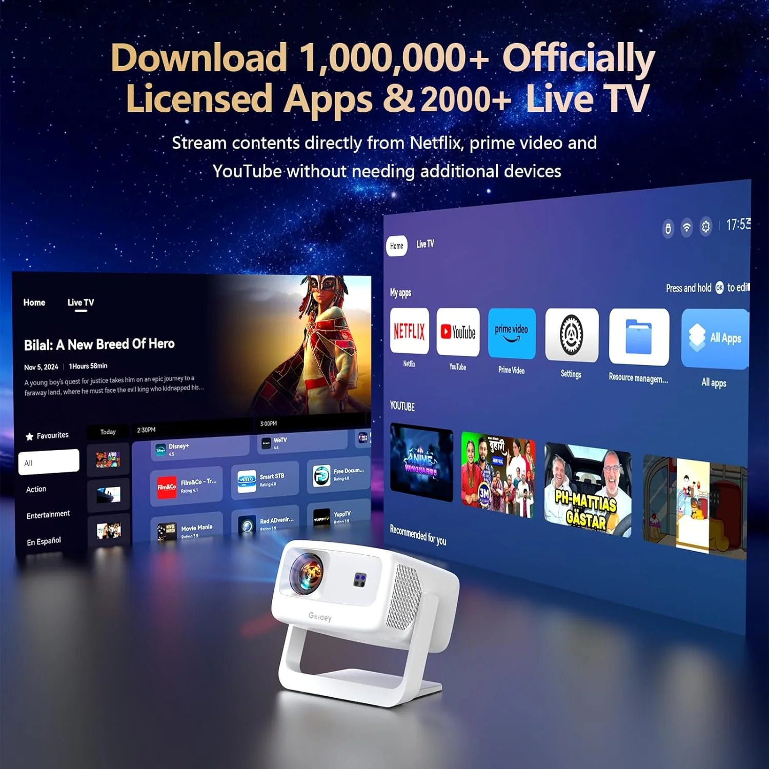 [3000+ Licensed Apps/Live TV/HDR10+/50W DoIby Audio] Smart 4K-Projector with WiFi