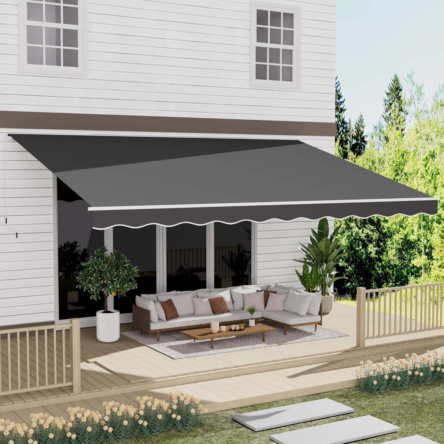 13' x 10' Awning for Patio, Sunsetter Retractable Awning Waterproof Cover Outdoor Patio Canopy, Sun Shade with Manual Crank Handle, Porch Shades for Outdoor, House, Deck, Dark Gray